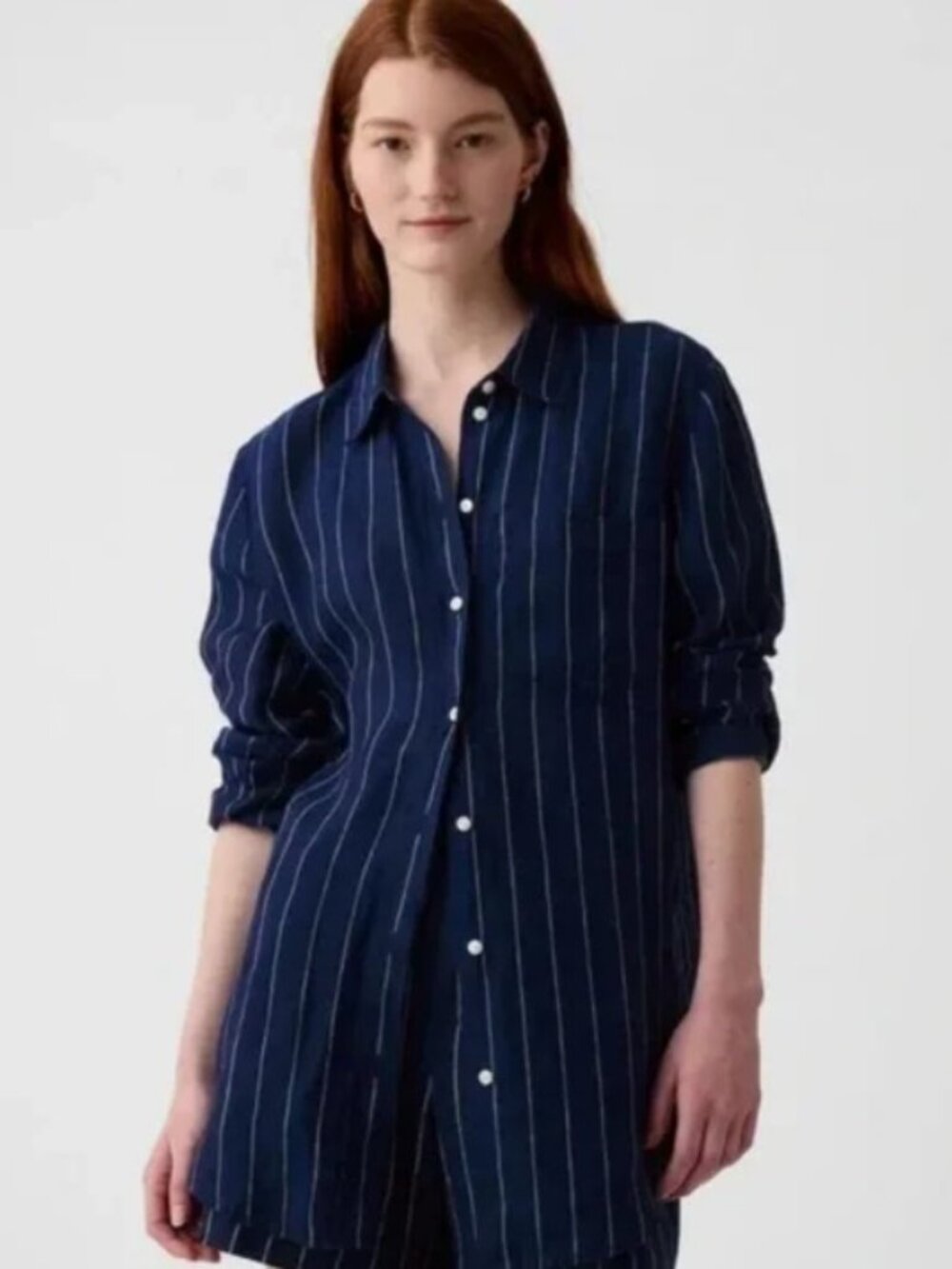 GAP Medium 100% Linen Boyfriend Shirt Navy blue pinstripe